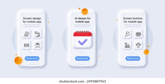 Cardio bike, Victory and Yoga mind line icons pack. 3d phone mockups with calendar. Glass smartphone screen. Yoga, Hook, Leadership web icon. Laureate, Winner ribbon pictogram. Vector