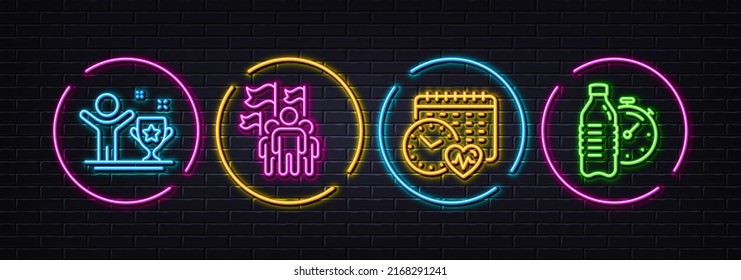 Cardio calendar, Leadership and Winner cup minimal line icons. Neon laser 3d lights. Fitness water icons. For web, application, printing. Fitness time, Winner flag, Champion. Drink bottle. Vector