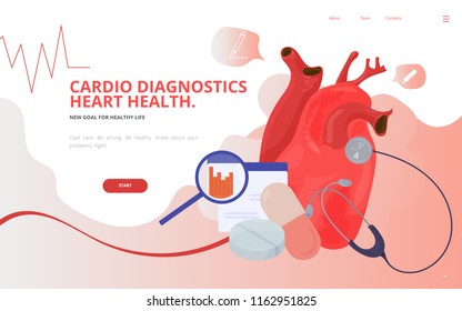 Cardio or cardiovascular heart diagnostics concept vector illustration. Heart tests or Cardiology diagnostics site landing page wireframe. Cardio or Cardiology conference report presentation template.