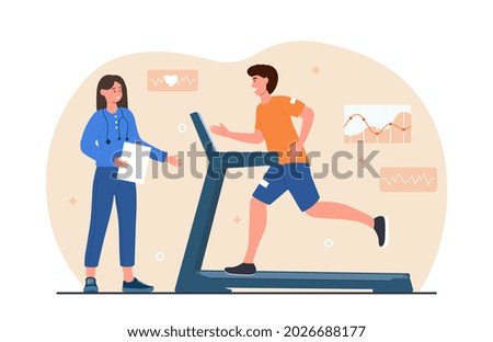 Cardio control concept. Man runs in gym and doctor monitors and controls pulse and heart rhythm. Training of cardiovascular system. Cartoon modern flat vector illustration isolated on white background