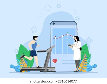 Cardio Control Concept, Mostrando a un joven corriendo en la cinta de control cardio, Adecuado para la página de inicio, UI, web, tarjeta de introducción de aplicación, editorial, volante y banner, Vector Illustration.