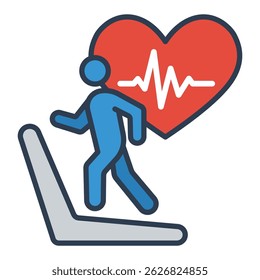 Cardio exercise illustration, featuring a person running on a treadmill, accompanied by a heartbeat symbol, representing fitness, health, and personal endurance