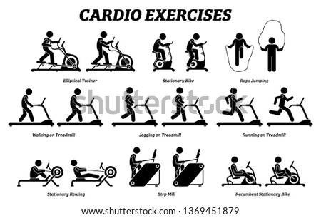 Cardio exercises and fitness training. Artworks depict cardio exercise machine, elliptical trainer, stationary bike, rope jumping, treadmill, step mill, stationary rowing, and recumbent bike.