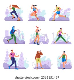 Cardio exercises for people, isolated male and female characters running and jogging. Sportive personages outdoors on path, training and practicing for marathon. Active lifestyle. Vector in flat style