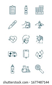 cardio corazón y cóvid 19 icono de concepto conjunto sobre fondo blanco, estilo de línea, ilustración vectorial