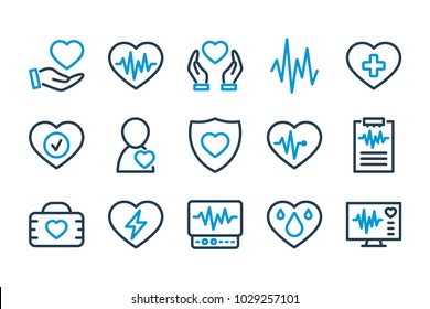 Cardio And Heart Related Line Icons. Pulse And Cardiology Vector Icon Set.