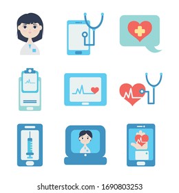 cardio hearts and doctor online icon set over white background, flat style, vector illustration