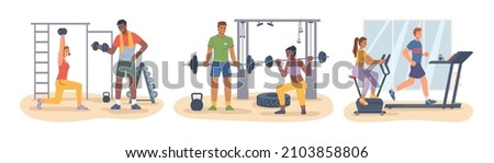 Cardio and lifting exercises for people in gym, working out and keeping fit. Man with barbell and dumbbell, lady on bike and male on running on treadmill. Active lifestyle vector in flat style