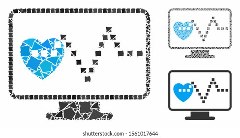 Cardio monitoring composition of rough elements in different sizes and color tones, based on cardio monitoring icon. Vector joggly elements are combined into collage.