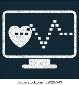 Cardio Monitoring grainy textured icon for overlay watermark stamps. Flat symbol with unclean texture. Dotted vector white ink rubber seal stamp with grunge design on a dark blue background.