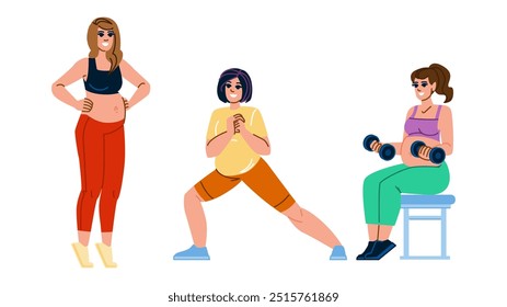 Cardio schwanger Fitness Übungen Vektor. Kraft Gleichgewicht, Flexibilität Atmung, Ausdauer Stabilität Cardio schwanger Fitness Übungen Charakter. Menschen, flache Cartoon-Illustration