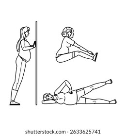 cardio pregnant fitness exercises vector. strength balance, breathing relaxation, endurance stability cardio pregnant fitness exercises character. people black line pencil drawing illustration