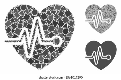 Cardio pulse mosaic of irregular elements in different sizes and color tints, based on cardio pulse icon. Vector abrupt parts are composed into mosaic. Cardio pulse icons collage with dotted pattern.