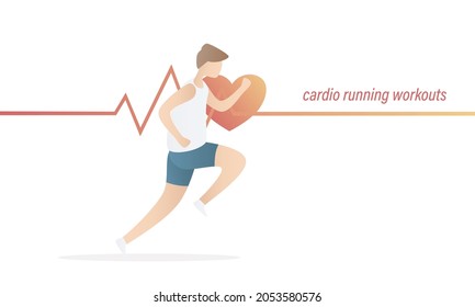 Ejercicio cardiovascular, Correr beneficios obtiene latidos cardíacos, correr la rutina, prevenir la salud más fuerte de la cardiología, atleta con pulso de latido cardíaco, cuidado de la salud, ilustración vectorial.