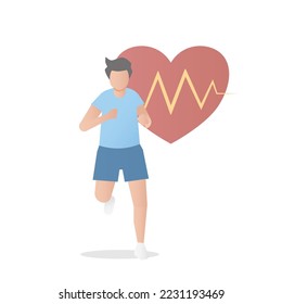 Ejercicio cardiovascular, Correr beneficios obtiene latidos cardíacos, correr la rutina, prevenir la salud más fuerte de la cardiología, atleta con pulso de latido cardíaco, cuidado de la salud, ilustración vectorial.