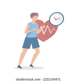 Ejercicio cardiovascular, Correr beneficios obtiene latidos cardíacos, correr la rutina, prevenir la salud más fuerte de la cardiología, atleta con pulso de latido cardíaco, cuidado de la salud, ilustración vectorial.