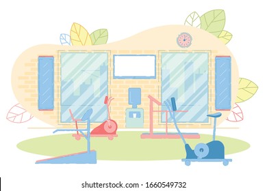 Cardio or Speed Training Zone in Public Sport Recreation Center or Fitness Club Interior. Treadmills or Running Tracks and Cycle Simulator Training Equipment. Flat Cartoon Vector Illustration.