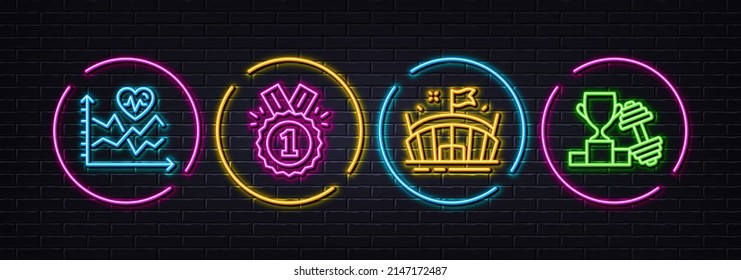 Cardio training, Arena and Approved minimal line icons. Neon laser 3d lights. Dumbbell icons. For web, application, printing. Fitness statistics, Sport stadium, Winner badge. Winner cup. Vector