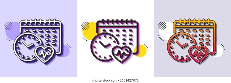 Cardio training calendar line icon. Halftone dotted pattern. Gradient icon with grain shadow. Fat burning time sign. Gym fit heartbeat symbol. Line cardio calendar icon. Various designs. Vector