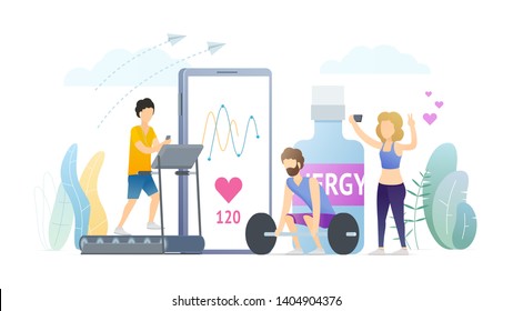 Ilustración vectorial plana de entrenamiento cardiovascular. Concepto de estilo de vida saludable. Actividad física. Deportistas entrenando en gimnasio con cinta de correr, personajes de caricaturas de barro. Velocidad del corazón, aplicación móvil de seguimiento de pulsos.
