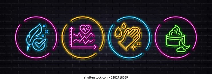 Cardio training, Hypoallergenic tested and Washing hands minimal line icons. Neon laser 3d lights. Night cream icons. For web, application, printing. Fitness statistics, Feather, Gloves. Vector