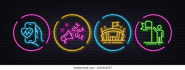 Cardio training, Ole chant and Arena minimal line icons. Neon laser 3d lights. Leadership icons. For web, application, printing. Fitness app, Megaphone, Sport stadium. Winner flag. Vector