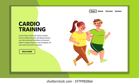 Cardio Training Overweight Man And Woman Vector. Young Obesity Boy And Girl Running Together And Making Cardio Training For Slimming And Wellness Health. Characters Web Flat Cartoon Illustration