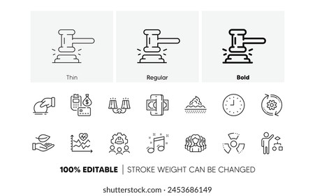 Cardio training, Payment and Musical note line icons. Pack of Chemical hazard, Algorithm, Clock icon. Sconce light, Phishing, Donate pictogram. Judge hammer, Cogwheel, Women group. Leaf. Vector
