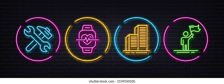 Cardio training, Skyscraper buildings and Repair minimal line icons. Neon laser 3d lights. Leadership icons. For web, application, printing. Fitness watch, Town architecture, Fix service. Vector