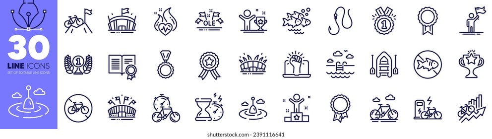 Cardio training, Swimming pool and Winner line icons pack. Arena, Fish school, Laureate award web icon. Medal, Empower, Hook pictogram. Diploma, Leadership, Ole chant. Winner ribbon. Vector