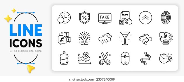 Cardio training, Update time and Cocktail line icons set for app include Supply chain, Swipe up, Scroll down outline thin icon. Yoga, Cut, Fake news pictogram icon. Timeline, Voicemail. Vector