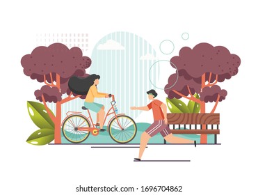 Cardio training, vector flat style design illustration. Girl enjoying riding bicycle, man jogging in city park. Cardio workout, running and cycling summer outdoor sports activities, healthy lifestyle.