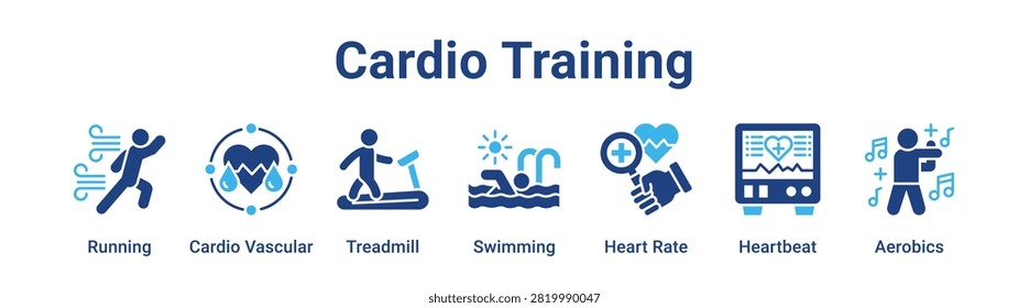 Cardio Training web banner icon vector illustration concept for sport with icon of Running, Cardio Vascular, Treadmill, Swimming, Heart Rate.