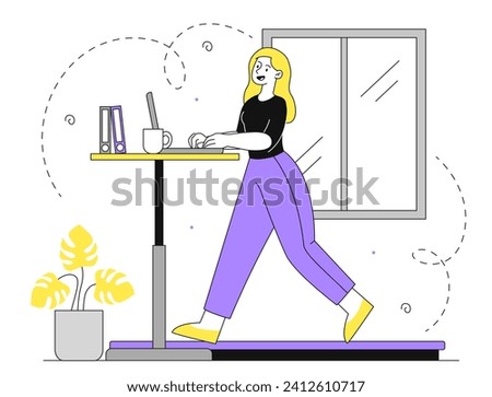 Cardio training work indoor linear. Woman at treadmill in home. Active lifetsyle and sport. Workout and fitness in apartment. Doodle flat vector illustration isolated on white background