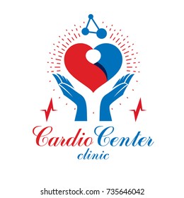 Cardio vector abstract logo made with red heart shape and an ekg chart. Cardiology medical support center conceptual emblem.