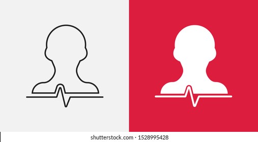 Cardio work out icon.  Human heart rate icon. User with heart rate. Line and filled icons set