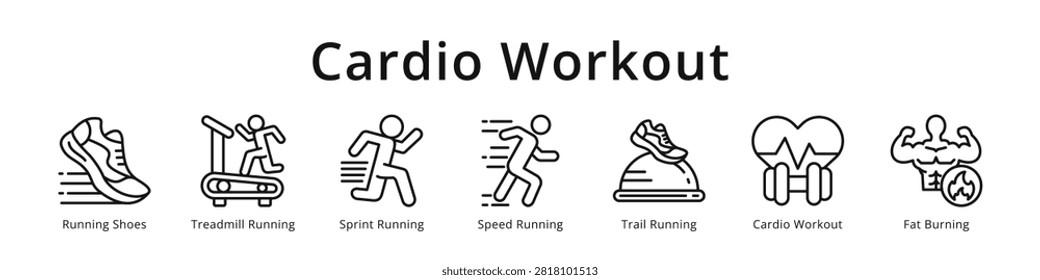 Cardio workout icons featuring running shoes, treadmill, sprint, trail running and fat burning for fitness design.