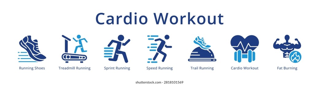 Cardio workout icons featuring running shoes, treadmill, sprint, trail running and fat burning for fitness design.