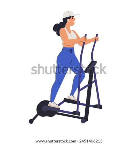 Cardio workout on elliptical machine. Woman exercising in gym, walking on sport equipment. Active training, cardiovascular physical activity. Flat vector illustration isolated on white background