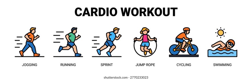 Cardio Workout web banner icon vector illustration concept with icons of jogging, running, sprint, jump rope, cycling, and swimming.