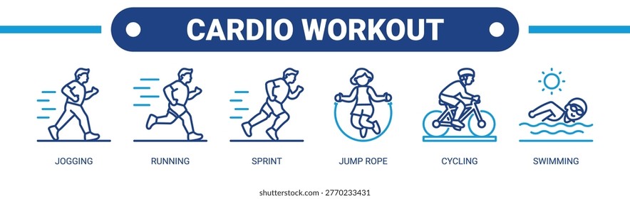 Cardio Workout web banner icon vector illustration concept with icons of jogging, running, sprint, jump rope, cycling, and swimming.