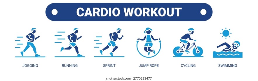 Cardio Workout web banner icon vector illustration concept with icons of jogging, running, sprint, jump rope, cycling, and swimming.