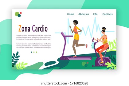 Cardio workout, women running and cycling in gym, vector illustration. Fitness center website design, weight loss program, cardio exercises. People training in gym, active leisure, healthy lifestyle