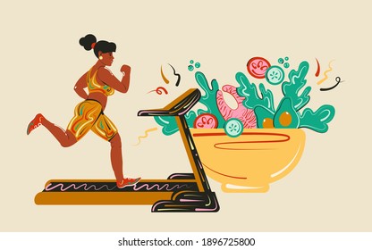 Entrenamiento cardiovascular y comidas regulares, proteínas sanas, grasas y verduras frescas. Chica en una cinta de correr. Estilo de vida saludable y concepto de dieta. Ilustración vectorial de dibujos animados.