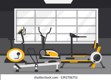 Cardio zone concept. Gym of fitness center interior design in flat style with Elliptical Machine Cross Trainer, Treadmill, Rowing Machine and Bike. Vector Gym Equipment for Cardio set.