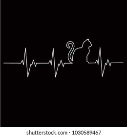 cardiogram cat vector white line on black background