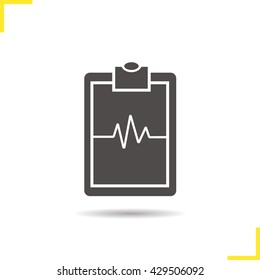 Cardiogram clipboard icon. Drop shadow silhouette symbol. Ekg  with heartbeat line. Negative space. Vector isolated illustration