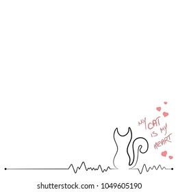 Cardiogram in the form of a silhouette of a cat with an inscription My cat is my heart. Vector illustration