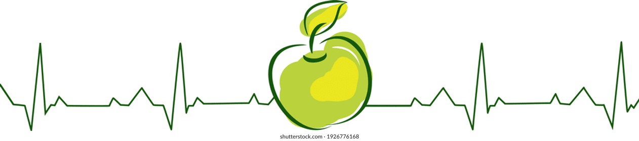 Cardiogram and green apple as healthy lifestyle concept. Vector illustration. Green apple and heartline.  Health care and healthy lifestyle living. An apple a day keeps the doctor away. Healthy heart.