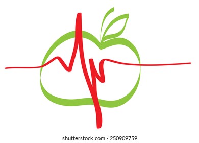 Cardiogram and green apple as healthy lifestyle concept, vector illustration